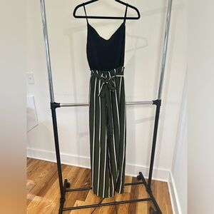 Francesca’s Blue Rain Striped Jumpsuit w Belt - Size L